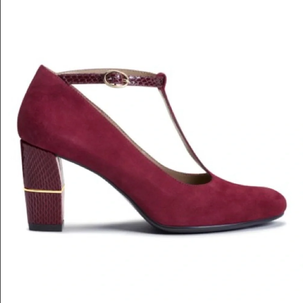 Cushion Comfort Burgundy Red Wine Suede Mary Jane Chunky Snakeskin Heel Size 8.5